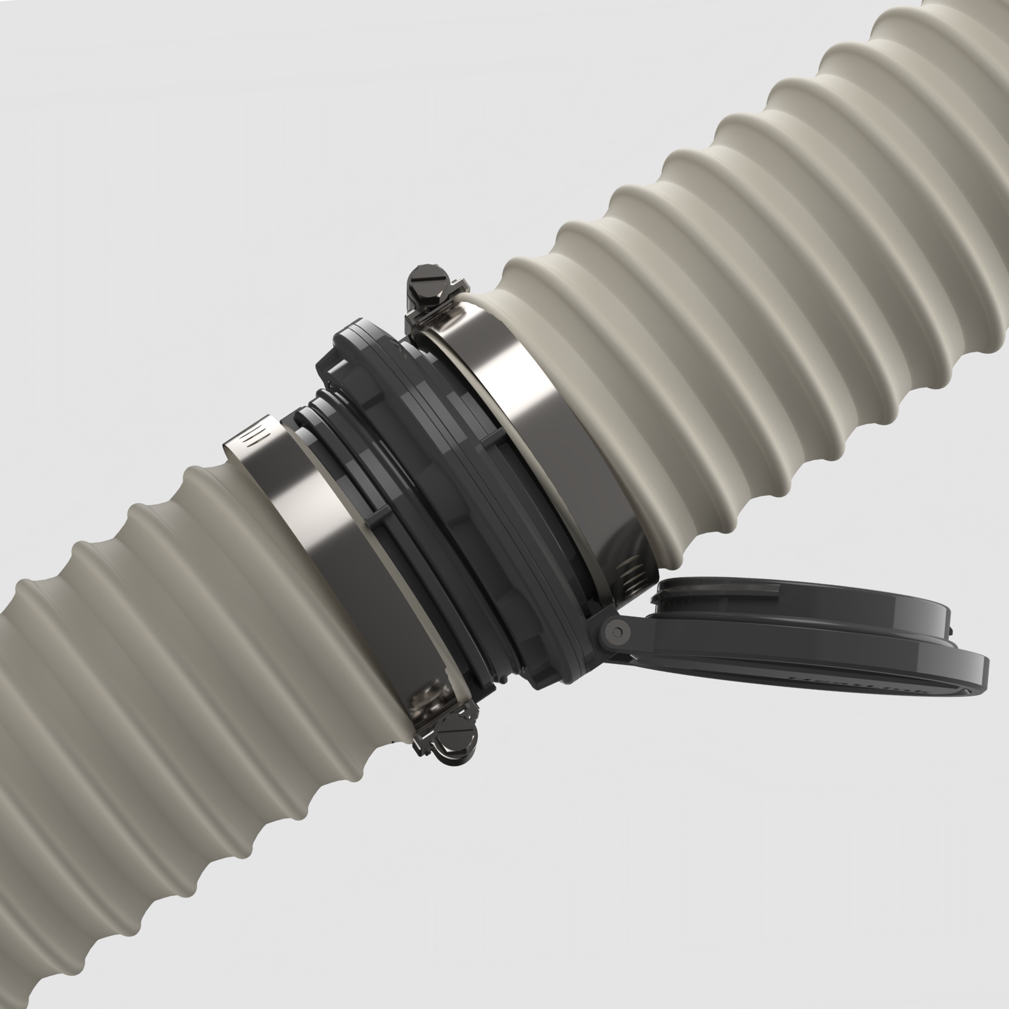 View of HeatLink diesel heater port accessory with hose adapter press-fit inside port for interior airflow control.