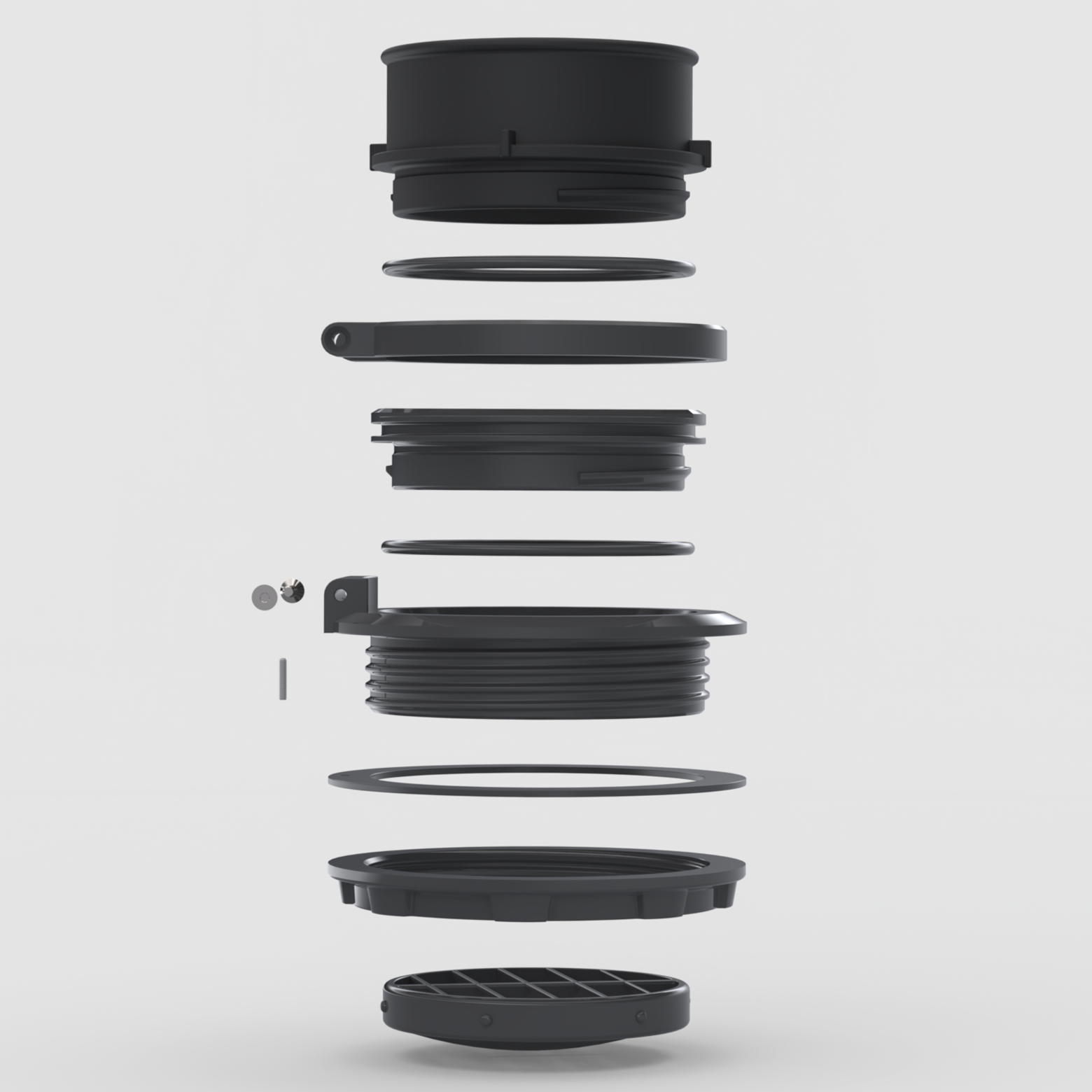 Exploded view of HeatLink heater port accessory showing all components including lid, vent insert, hose adapter, and O-ring seals.