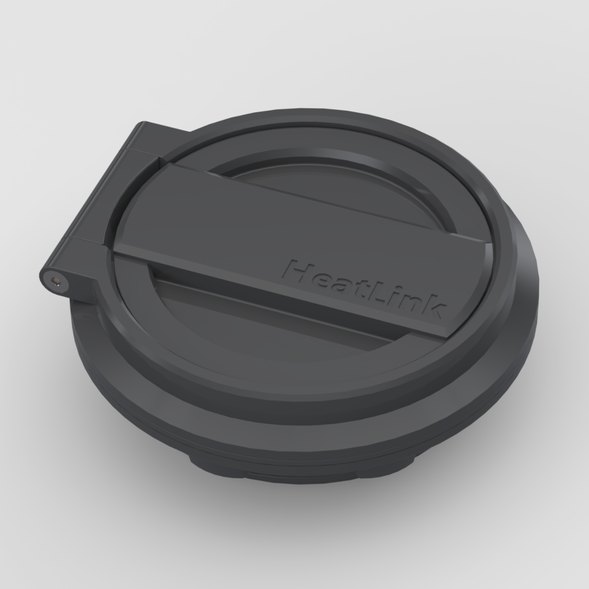 Hero front view of HeatLink diesel heater port accessory showing sleek, low-profile weatherproof lid and molded branding.