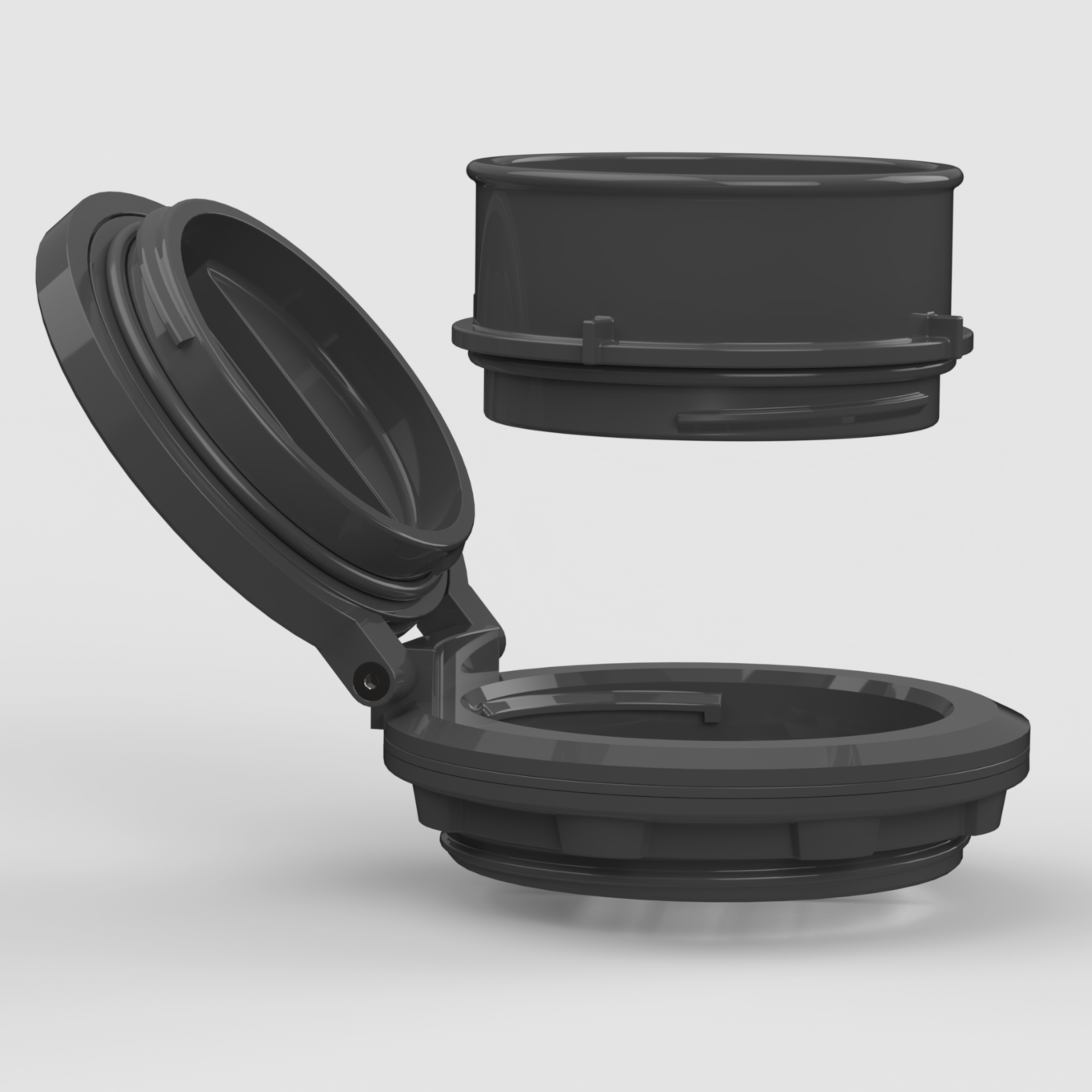 Side view of HeatLink diesel heater port accessory with lid hinged open, showing hose adapter