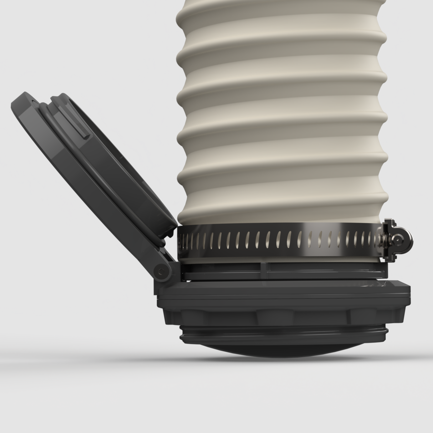 Angled perspective of HeatLink diesel heater port accessory with ducting attached, illustrating secure field-ready install.