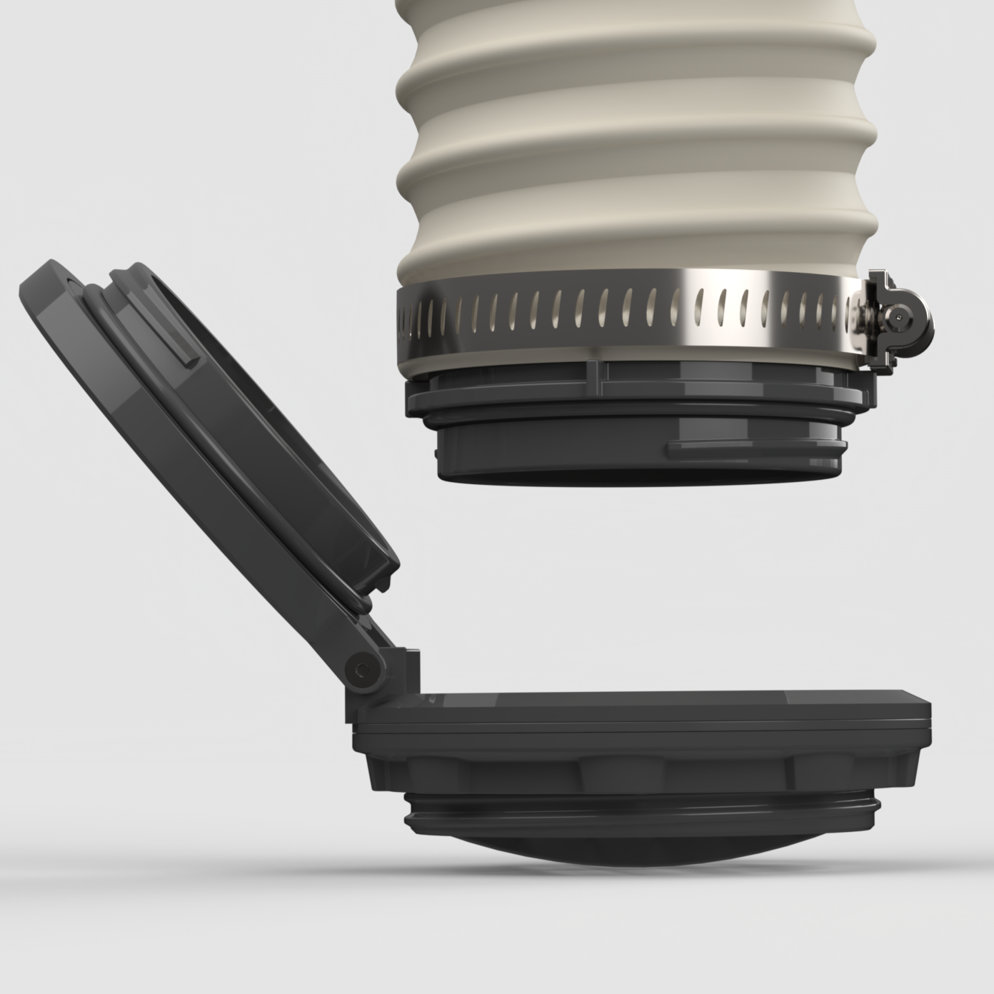 Side view of HeatLink diesel heater port accessory installed with hose connected to hose adapter, showcasing universal duct compatibility.