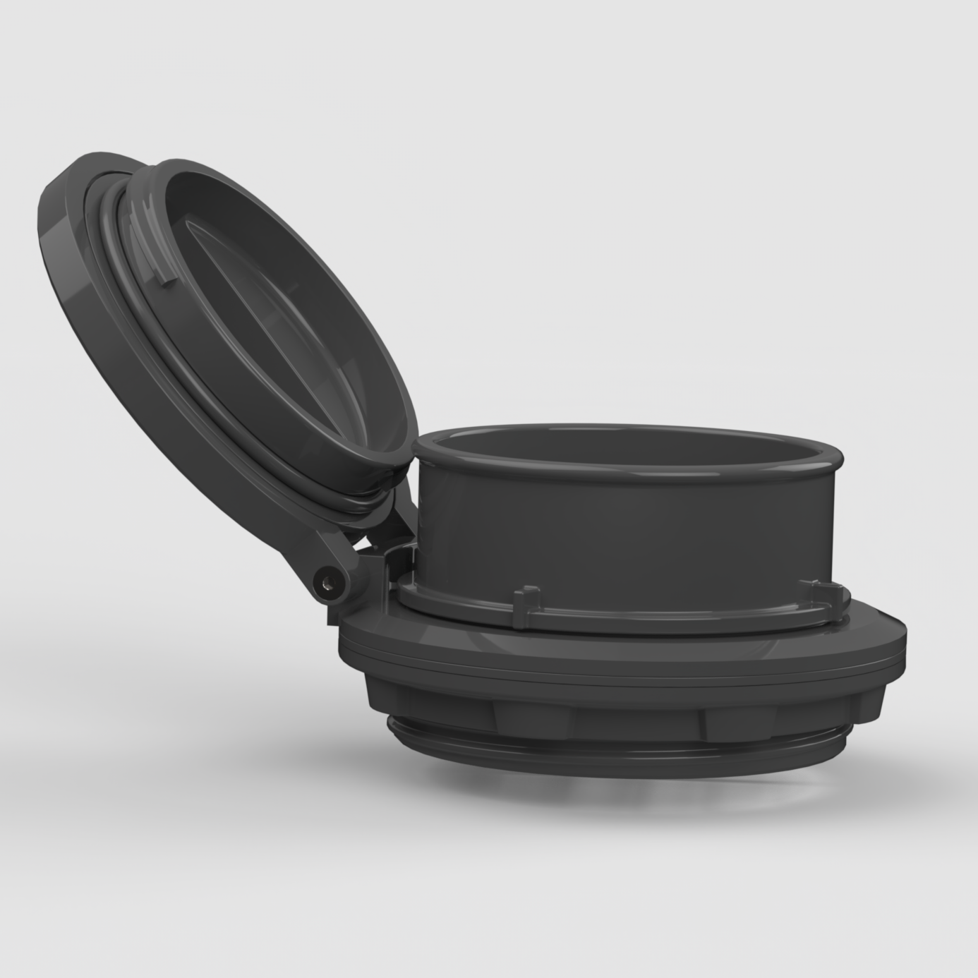 HeatLink diesel heater port accessory with lid fully open, highlighting internal airflow system and twist-lock hose adapter geometry