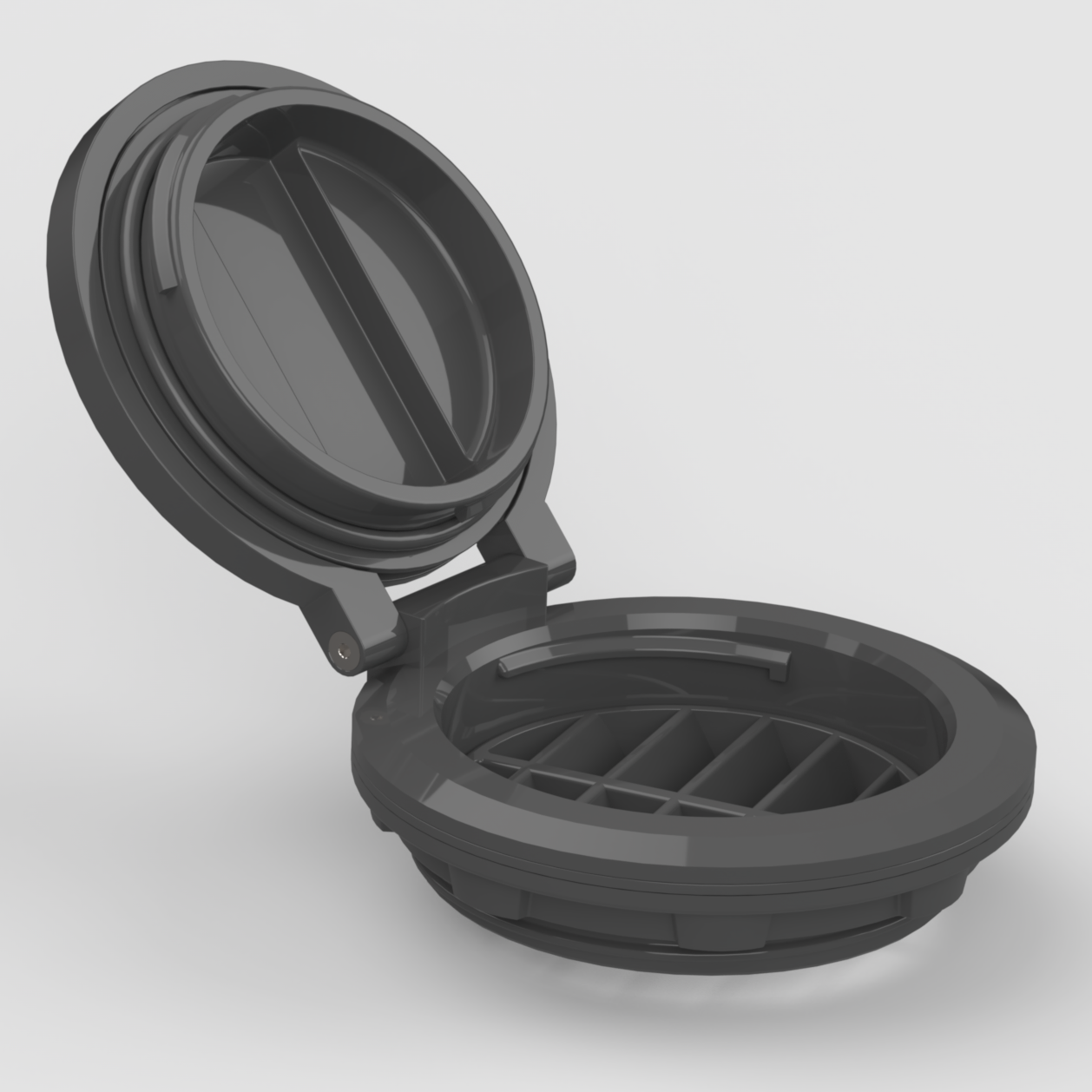 Open-lid angle of HeatLink diesel heater port accessory showing internal vent detail and twist-lock sealing design.