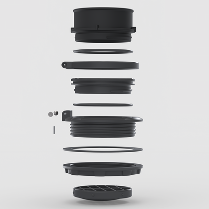 Exploded view of HeatLink heater port accessory showing all components including lid, vent insert, hose adapter, and O-ring seals.