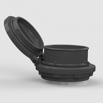 HeatLink diesel heater port accessory with lid fully open, highlighting internal airflow system and twist-lock hose adapter geometry